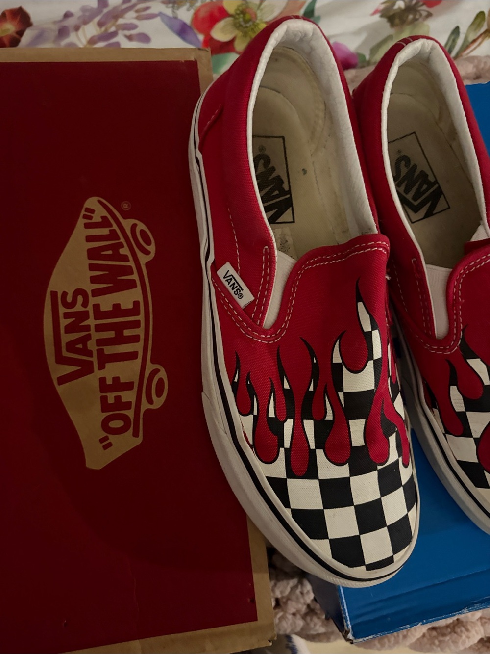 Vans Kids Red Checkerboard Slip-On Sneakers with Flame Graphic